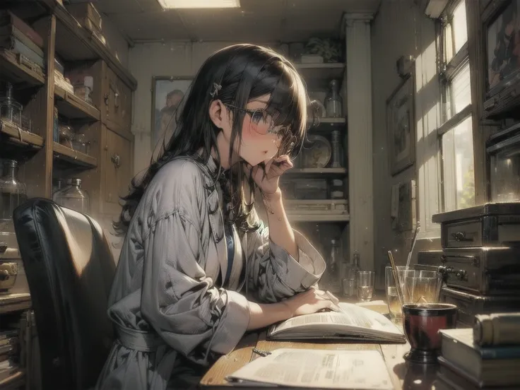 from side, 1girl, The Magicians Laboratory 、 is sitting in a chair and reading a book、 intricate detail ,  hyperdetail ,　(Best Quality, masterpiece:1.2),  ultra high resolution ,  ray tracing, Super detailed, Complex Robe、Magician&#39;s Hat