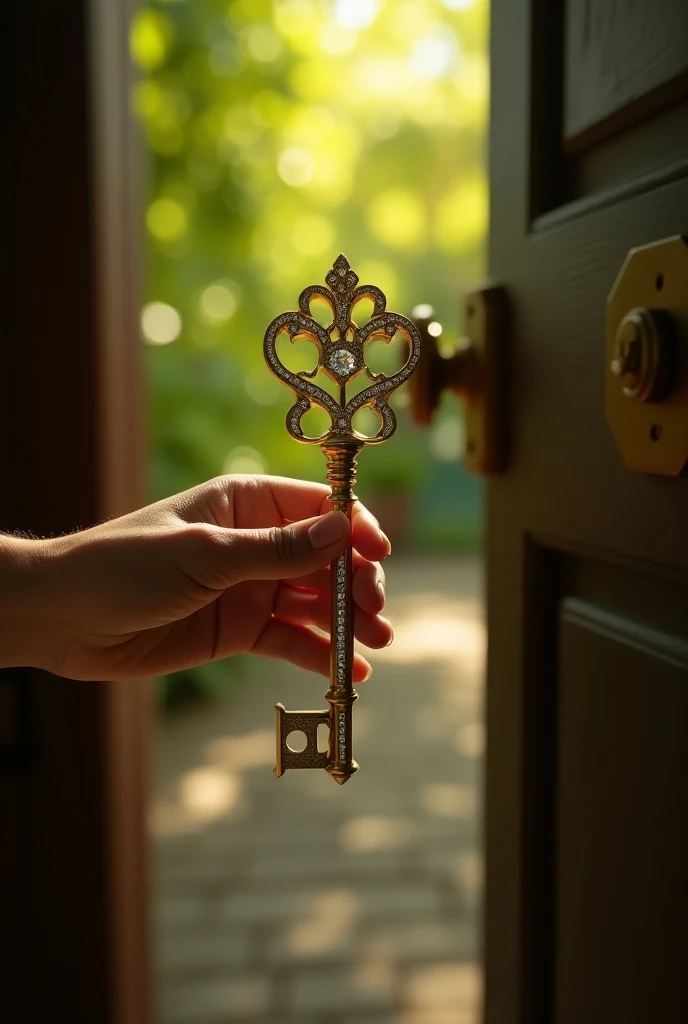  A mystical gold key set with diamonds .  In the hand of a person opening a door overlooking a garden . It is a. beautiful sun. Close-up photo of the key opening the door 