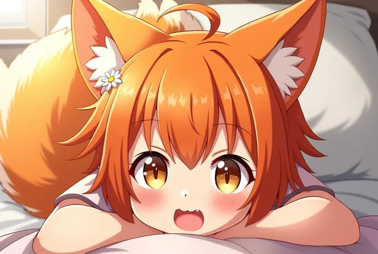  Orange hair is short, fox ears, bald tail, golden eyes, playful smile, anime, Anime style, Angle, Lens glare, Shine,  Hair flower ,  Stick your tongue out, saliva,  best quality , solo, 1 girl, in a skirt and top ,  above me in bed , morning.