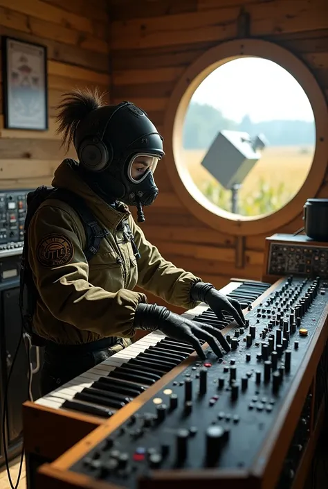 Cyberpunk scene un a Wooden cabin with a cyberpunk electronic woman with  rasta style and a black vintage tsh-4 soft helmet soviet and rounded gogles wearing a olive drab astronaut suit and russian gp7 gasmask with hoses playing a Big eurorack synth with a...