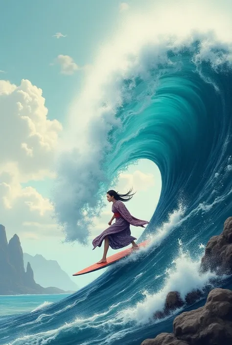 High definition,　High quality,　８ｋ、((japanese painting)), samurai elf girl, surfing, big wave, 