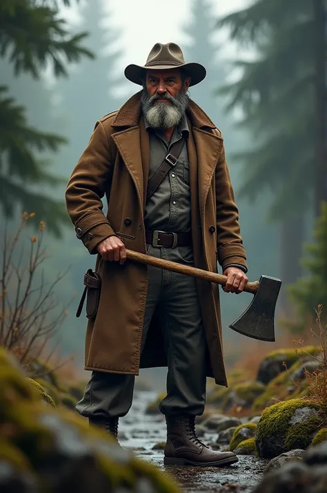 A man who is wearing an old brown coat with a hunters hat and has an axe 
