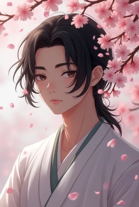 1boy, upper body, expressionless, japanese clothes, long hair, solo, cherry blossoms, looking at viewer,