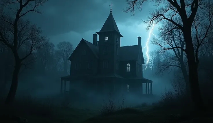 dark, abandoned mansion on a stormy night, surrounded by dense trees. Lightning flashes in the background, illuminating the eerie, crumbling walls and broken windows. The scene is misty with rain pouring heavily, and the whole place gives off a haunted, om...