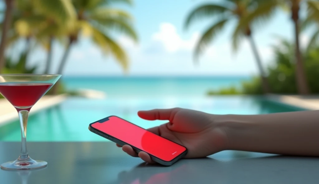 A hand gently resting on a table while holding a smartphone with a red screen, symbolizing technical support. On the table, there’s a cocktail glass. In the background, a blurred swimming pool, further in the distance a beach with palm trees. The scene sho...