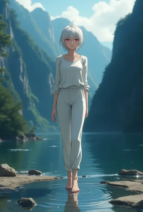  The image is in the anime style cowboy bebop and Darker than black with shadows and faint lights,  anime-style although somewhat adult and dark , It shows a single adult woman of 30 years old .,  with short white hair and reddish eyes , She wears wet whit...