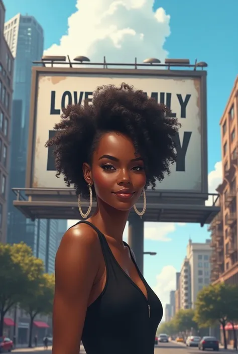 Creates an image of a beautiful black woman with a billboard reading “ LoveFamily "