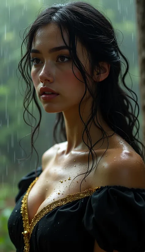 women with a focus face, black gold dress . standing in light rain. with realistic drop of rain on his breast . hyperrealism , romanesque, , close-up shots, the blue rider, 32k uhd warmcore , detailed character illustrations ,wet hair,wet skin