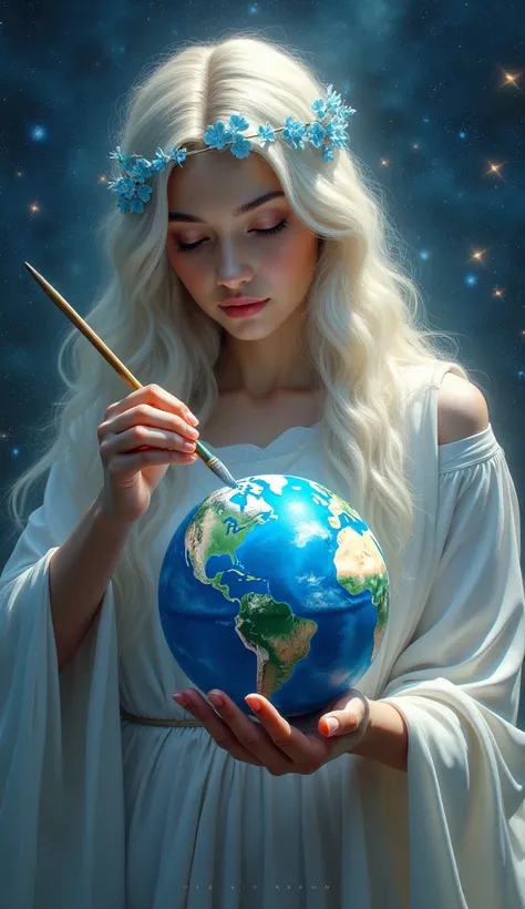 A goddess is painting our world, a tiny planet Earth in her one hand and a brush in her other hand, she is painting the oceans on the planet using the blue paint, symbolism of the theological view of creation 