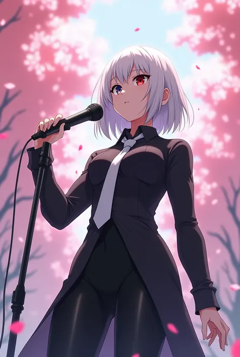 woman。Muscle White。White Hair。Bob。Odd Eye。Right eye is red。Left eye is blue。Black long shirt。 white tie。whole body。cherry blossoms。 anime style。 is singing a song with a microphone。