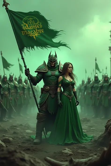 A 3d shot of a male Demon Hunter and a sexy female Mage in the World of Warcraft. 24k, The Demon Hunter is leading a guild and is wearing a green outfit and a helmet. He is holding a flag with the words "La danse Macabre". Behind him, there is an army of w...