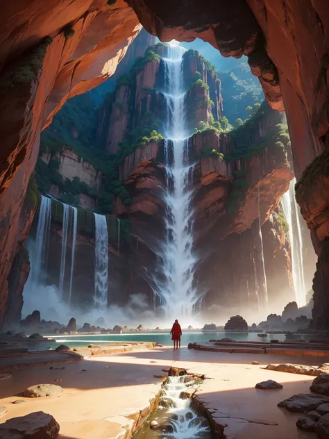 There is a super huge open-air bath with red rocks in a super huge cave。The Great Labyrinth，Great Heaven，Huge Fountains ，Giant Buddha Statue，Giant Tree，masterpiece， Best Quality，Super giant waterfall ， Ultra HD，Paradise， multi-dimensional ， romantic ，Insid...