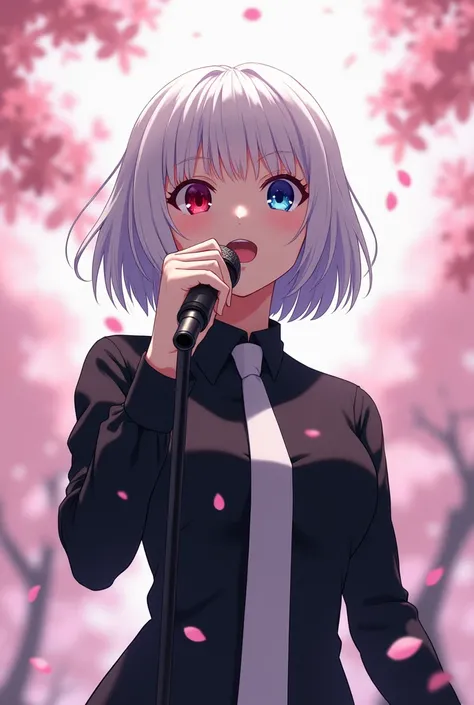 woman。Muscle White。White Hair。Bob。Odd Eye。Right eye is red。Left eye is blue。Black long shirt。 white tie。whole body。cherry blossoms。 anime style。 is singing a song with a microphone。