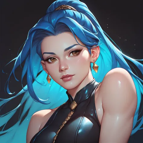 female black sleeveless catsuit with bare shoulders and racerback, bare toned arms, beautiful faces, blue haired long ponytail with showing forehead, earrings, soft smooth skin, pale skin, black background, brown eyes, sci-fi