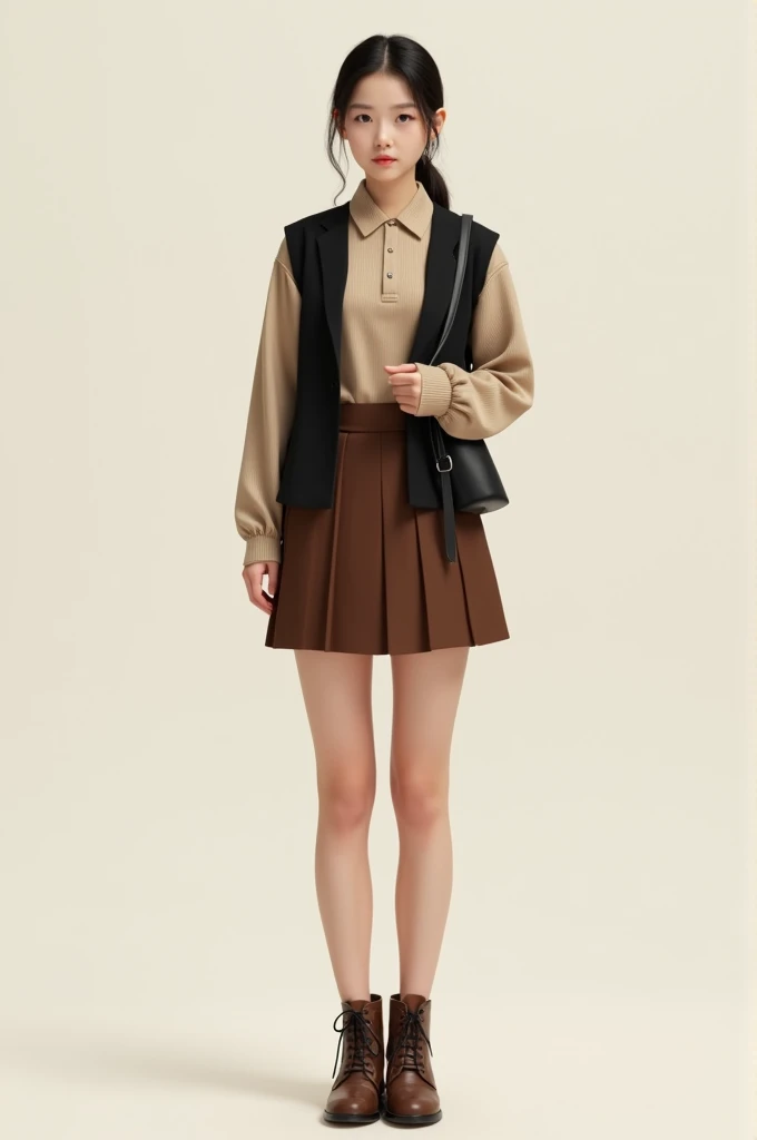 Create a realistic image of a person wearing a short brown korean skirt a fitted long sleeve polo and a small fitted black vest with small brown boots 
 