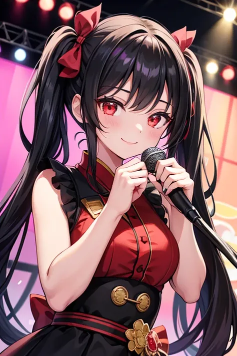  1 beautiful girl with pieces 　Shows up to the waist　 long black hair　 Twin Tails　Red eyes　Bright smile　白と黄色の露出少なめなIdol衣装　Idol　Hold the microphone　Live　 stage