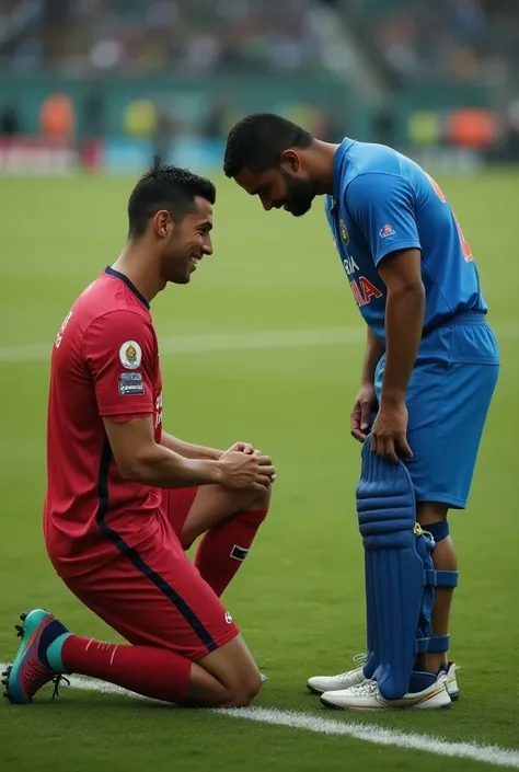 Create a hyper-realistic image of Ronaldo wearing his teams football jersey and He Touching The Feet  Of Ms Dhoni . The scene should capture fine details such Ronaldo Is Son Of Ms dhoni , Ronaldo Happyly looking And Touching Feet of the Ms Dhoni, In Ground...