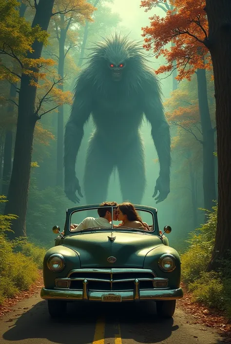 One old car, dark forest, big monster, car is big, forest is multy colors, beautiful couple in car back seet kissing