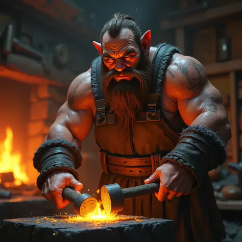 dwarf, Blacksmith Type , with warmth , sweaty, beard,  Hair slightly damaged by heat , 
 High resolution, Detail, Details altos,  lyrics, quality,  text,  textured skin ,  Brown Hair , Braid,  Messy hair , Facial hair, Frowning eyebrows,  In Blacksmiths co...