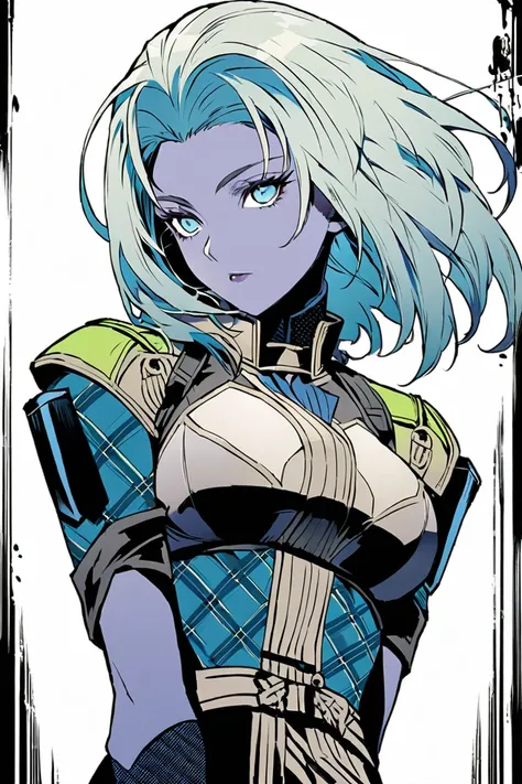 ninja that could appear in the cyberpunk ninja action novel "Ninja Slayer", (((white background illustration))), ((full-body illustration)), Her hair is light blue, A dignified and well-groomed figure like a porcelain doll, Appears to be around sixteen yea...