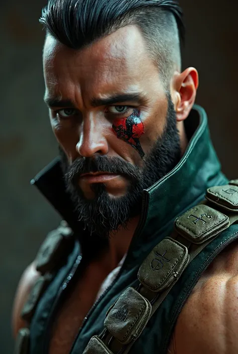   high detail  ,   Realistic, HDR,  Super clearly , ,  ,  ultra high resolution ,  High dynamic range  + The low noise level ,  Mortal Kombat character Kano built-in red cybernetic eye with a shiny plate, Little beard , dark green combat vest ,   close-up,...