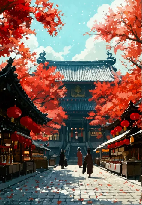 There are trees with red leaves 、Temple grounds、 there are a lot of people、 and the stores are lined up on both sides