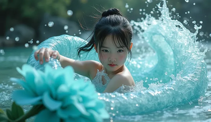 Girl ,waterbending at its finest, award winning photo. water wave, aqua_flower. Japanese girl.