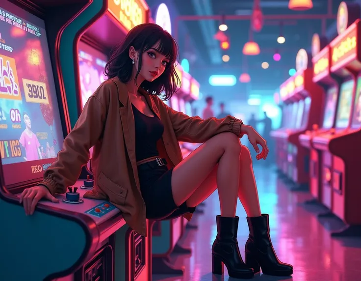  lighting condition.
Bright and colorful lighting is mainly from the neon lights and LED lights of the arcade machine. It creates a lively and energetic atmosphere with reflections and bright and dynamic 
### Gestures of the model
People are sitting sidewa...