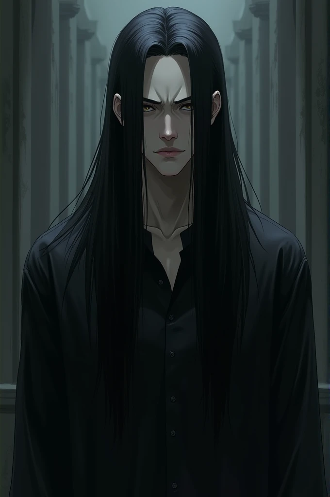 (best quality,4K,8k, High Definition , Masterpiece:1.2),ultra detailed,(It is true,photoIt is true,photo-It is true:1.37),3 people,Beautiful Anime,Portrait, Strong,Male,Dark hair, Sharp Jang Line  ,「 Long black hair that reaches his back 、Pale skin、Deep bl...