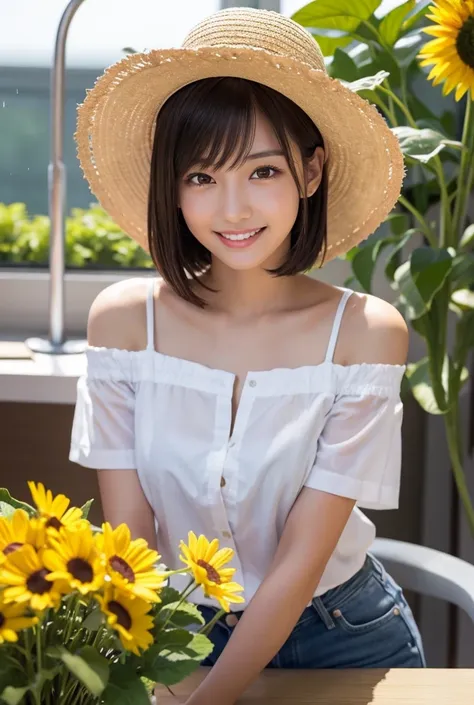 Big Eyes, Cute Oku Futage , Happy woman surrounded by flowers , sunflower field ,  pretty atmosphere ,  bob cut, Talented ,  cute smile,  very detailed woman ,  detailed hair,  highly detailed face and eyes , Precise Representation,  thin lips with raised ...