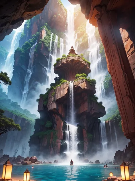 a massive underground cave, giant red rock hot spring, huge，Inside a super huge limestone cave，labyrinth, grand paradise, bathing in hot spring, gigantic fountain, enormous buddha statue, colossal trees, masterpiece, best quality, huge waterfall, ultra hig...