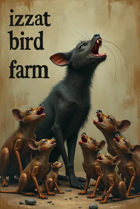 Cockroaches howl at her cubs against writing background "Izzat Bird Farm"
