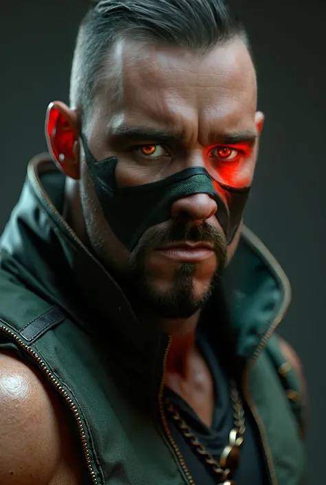   high detail  ,   Realistic, HDR,  Super clearly , ,  ,  ultra high resolution ,  High dynamic range  + The low noise level ,  Mortal Kombat character Kano built-in red cybernetic eye with a shiny plate, Little beard , dark green sleeveless combat vest, m...