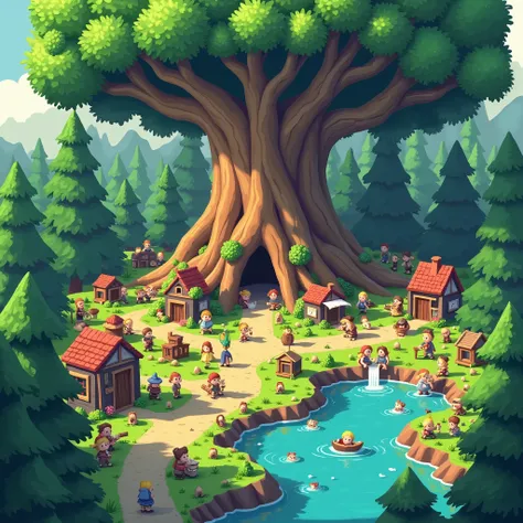 voxels,(3d big pixel art),(3d pixel art), (many elves((chibi:1.5),living daily life,eating food,washing clothes,talking each other,living on Yggdrasil)),background(Yggdrasil(very huge tree,elf settlement),forrest,beautiful lake around Yggdrasil), BREAK ,qu...