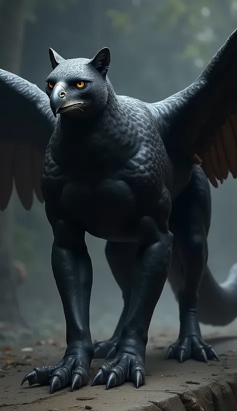 Create an image of a powerful hybrid creature that combines features of a hawk and a panther. The creature has a sleek, muscular body covered in dark, glossy feathers, giving it an agile and stealthy appearance. Its head resembles a hawk with sharp, pierci...