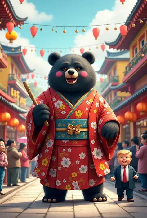 

Kuma, a large, adorable black bear with red cheeks, stands proudly wearing a vibrant traditional Japanese kimono. The kimono is decorated with colorful cherry blossom patterns and golden accents.

In the background, a bustling cultural festival scene unf...