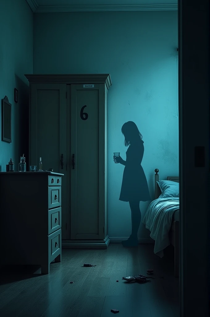 Create an HD thumbnail showing the haunted hostel room (Room No. 6) with a broken, open cupboard and scattered cosmetics on the floor. A faint shadow of a ghostly girl holding a water glass should be visible on the wall behind. The lighting should be eerie...