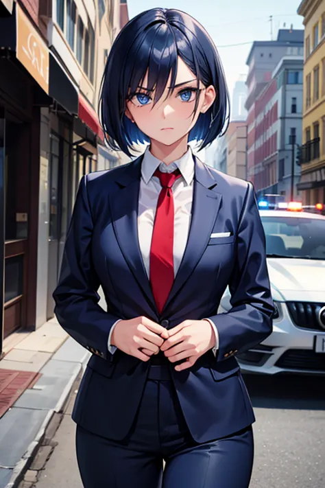 1 beautiful girl with pieces 　shows up to the waist　 dark blue bob hair　 blue eyes　glare　 navy blue suit　 navy blue pants　 red t...