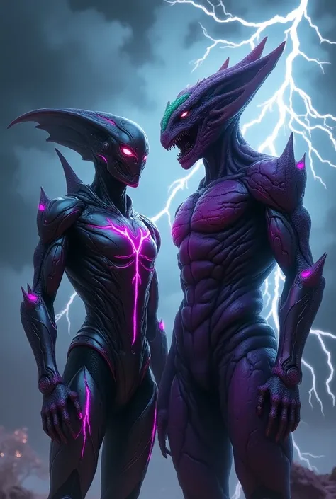 A high-definition digital painting of a futuristic armored robot standing side by side with an alien beast. The robot has a sleek metallic body with intricate armor plating, glowing purple energy cracks across its chest and hands, and intense red eyes bene...