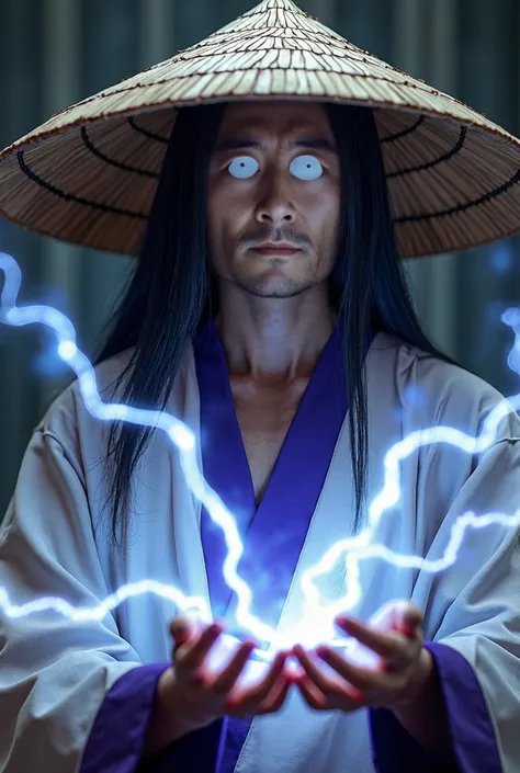   high detail  ,   Realistic, HDR,  Super clearly , ,  ,  ultra high resolution ,  High dynamic range  + The low noise level ,  Mortal Kombat character Raiden Asian glowing white eyes, large straw hat,  white and purple clothes with sleeves , lightning com...