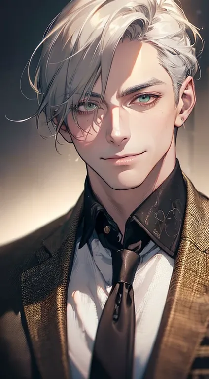 ((a mature man, very handsome, smile in love, short grey golden hair, green eyes, perfect face without errors)), ((buttoning the jacket, CEO)), (best quality, masterpiece, 8K, photorealistic, cinematic lighting, hdr image, ultra detailed, beautiful image),...