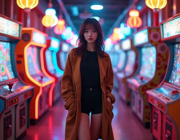  high definition 4k images, lighting conditions. The color is mainly from the neon lights and LED lights of the arcade machine. It creates a lively and energetic atmosphere with reflections and bright and dynamic colors  ### The posture of the Japanese mod...