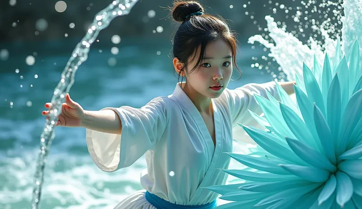 Girl ,waterbending at its finest, award winning photo. water wave, aqua_flower. Japanese girl.beautiful women. Japanese high school girl uniform.