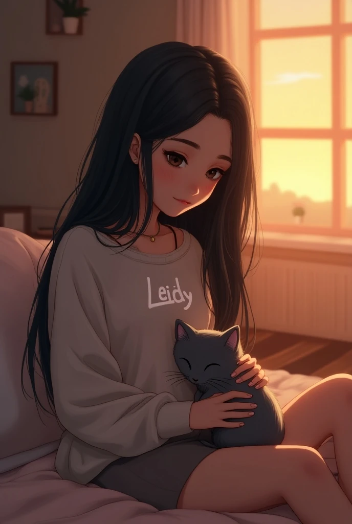 A girl with long black hair without a headband and a cargo and a necklace
 And a closed sweatshirt with the name of Leidy sitting caressing a gray kitten with a sunset sitting on her bed in a very aesthetic room 