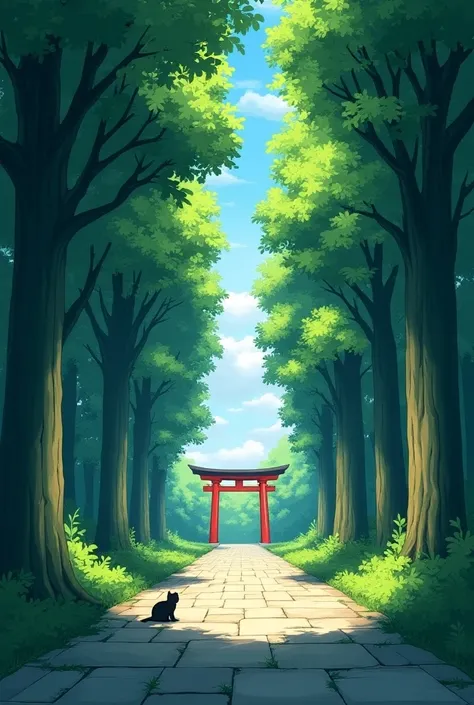 Anime-style artwork of a serene forest path with tall, dense trees on both sides. Soft, dappled sunlight filters through the leaves, casting gentle shadows on the stone pathway below. At the end of the path stands a traditional red Japanese torii gate, fra...