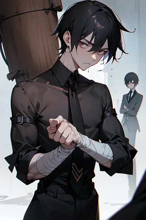 male、adult、1 person、 blunt 、Calm、relax、slender physique、 slender、 stout physique 、Black Hair、White mesh、Neck、Im amazed by your rugged hands 、bandage、Bad look in the eyes、Bodyguard、Brawler 、Monitoring、Sloppy、 black shirt、tie、underground