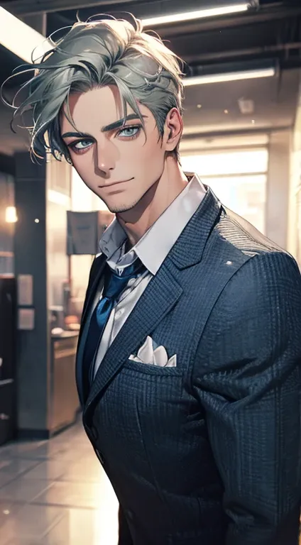 (best quality,4k,8k,highres,masterpiece:1.2),ultra-detailed,(realistic,photorealistic,photo-realistic:1.37),1 man,31 years old,mature man,very handsome,without expression,smile,short grey green hair,blue eyes,penetrating gaze,perfect face without errors,im...