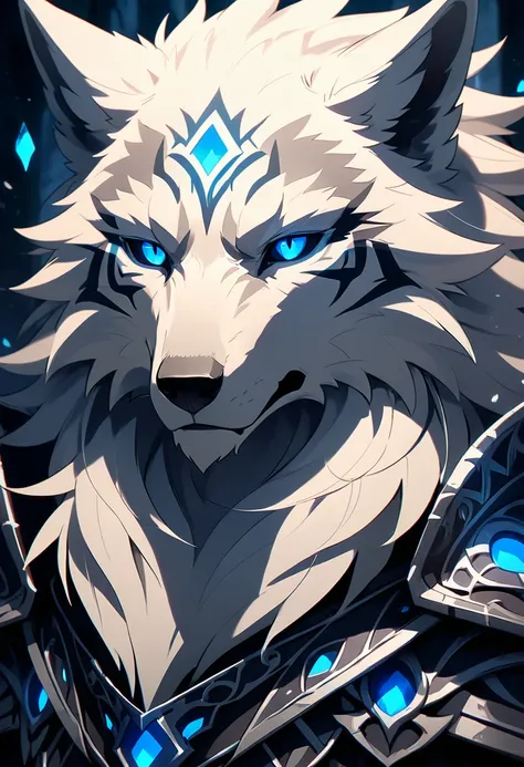 handsome magical anthropomorphic white wolf in black wolf armor, glowing blue eyes, black sclera, white fur, black tribal markings on white fur, furry anime art, medieval, dark fantasy, light novel art, furry, intimidating, evil, detailed art, detailed fur...