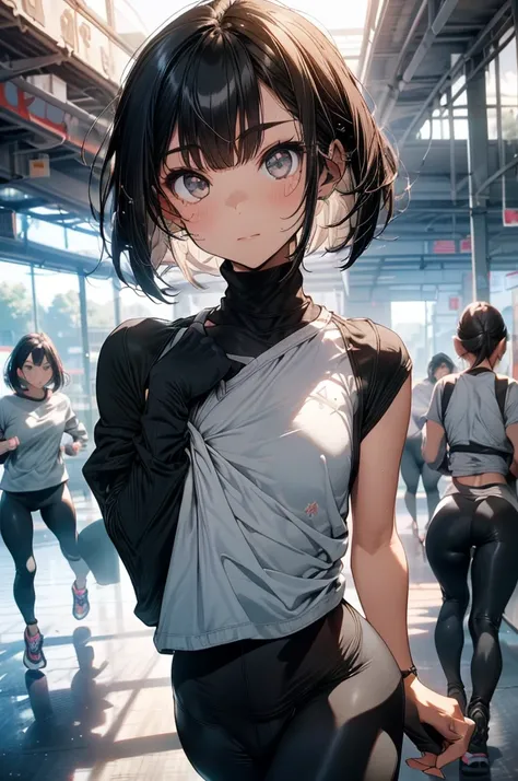 sfw,Best Quality,  official art, masterpiece,(One person:2.0),  Neutral Male,( flat chest:1.3),(7 heads), Black Hair ,(Bob Cut Hair),(running:1.5), sportswear, with a slender body,(stretchy leggings:1.5), sneakers,floral short sleeve shirt,(Natural Parks:1...