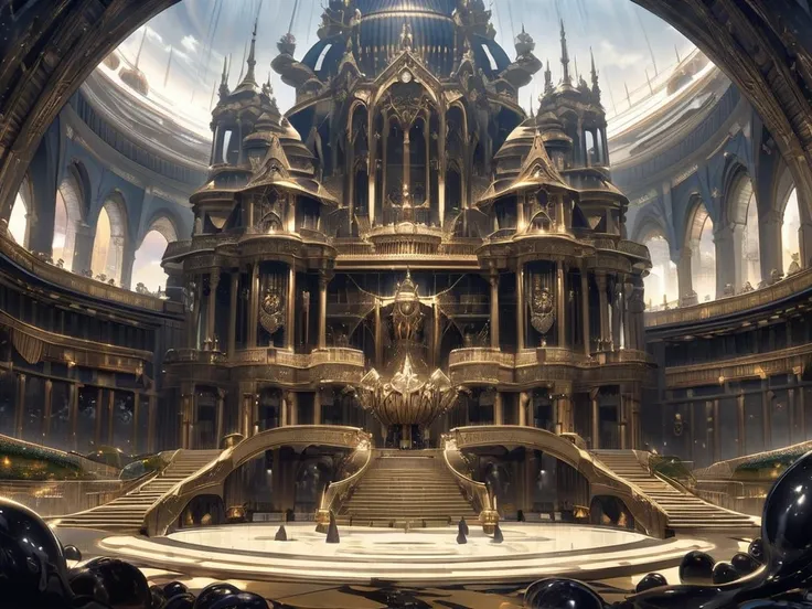  A luxurious palace , In the center, a slime of a gelatinous mass of a threatening BLACK color and of an enormous size, which is scattered all over the place,  that has a style similar to anime but that is not anime at all , a unique style ,  a combination...